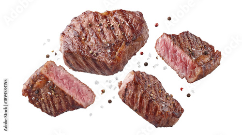 Photos assorted grilled beef steaks with coarse salt and peppercorns, featuring differe