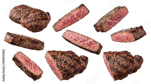Tableau sur toile collection of grilled beef steaks and slices seasoned with salt and pepper, vari
