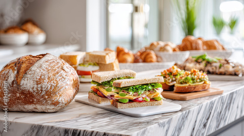 Freshly made sandwiches and artisanal bread displayed on a marble countertop with pastries in a bright, inviting kitchen setting