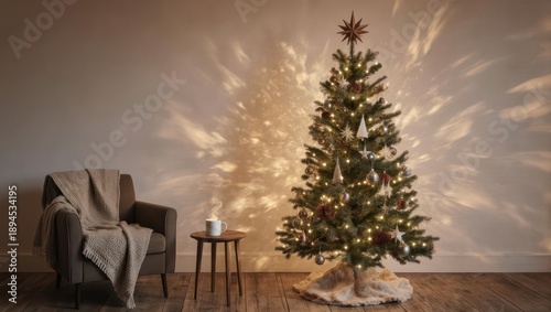 Warm Christmas tree in a cozy room. Sunlight casts shadows on the wall