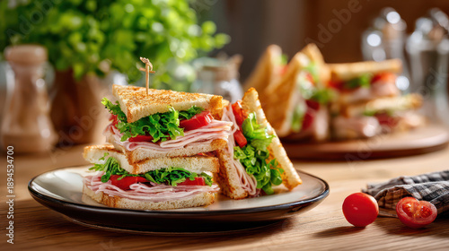 Delicious club sandwich stacked with lettuce, tomatoes, and turkey meat served on a wooden table with a green background