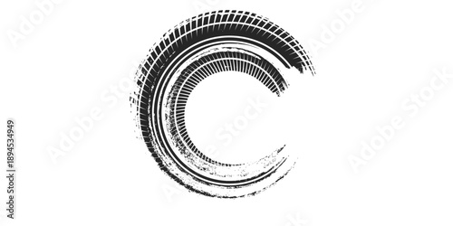 Grunge circle tire track, wheel braking mark. Truck, car or motorcycle tread pattern silhouettes. Auto race, motorsport, speed racing design element. Vector illustration