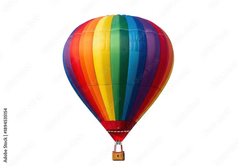Naklejka premium Vibrant rainbow hot air balloon with colorful stripes and basket isolated on transparent background