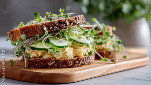 Fresh cucumber and egg salad sandwich stacked on whole grain bread served on a wooden cutting board