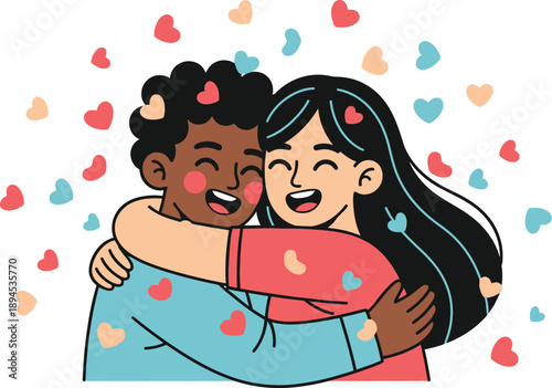 Diverse young couple sharing a joyful heartfelt embrace surrounded by floating colorful hearts representing affection and togetherness in a simple illustration