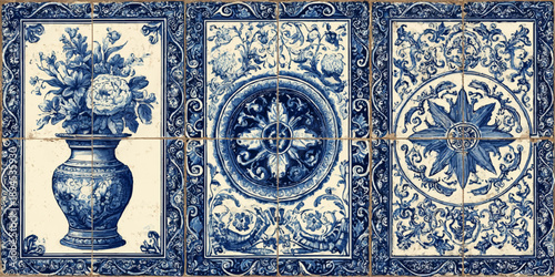 Traditional portuguese azulejo tile panels featuring intricate blue and white floral vase and decorative medallion patterns
