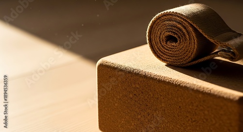 Yoga block and rolled yoga strap on wooden floor with sunlight.