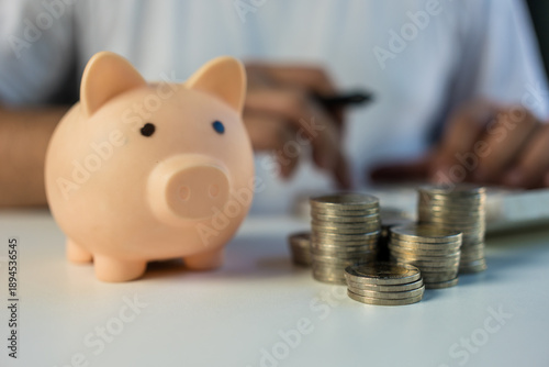 Wallpaper Mural Cute pink piggy bank with a stacks of coins with blur background of man on casual shirt. Saving concept, saving coins by pile them up. A symbol of savings and financial responsibility Torontodigital.ca
