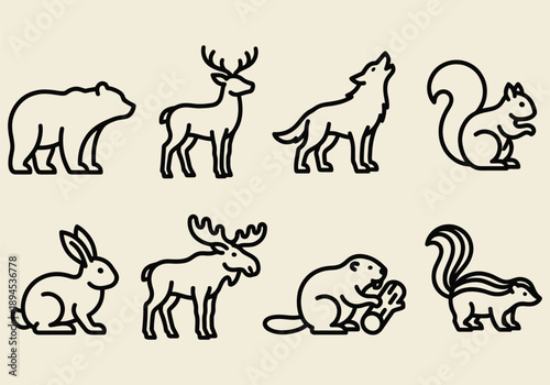 Wildlife Icons Set Minimalist Forest Animals Line Art Collection