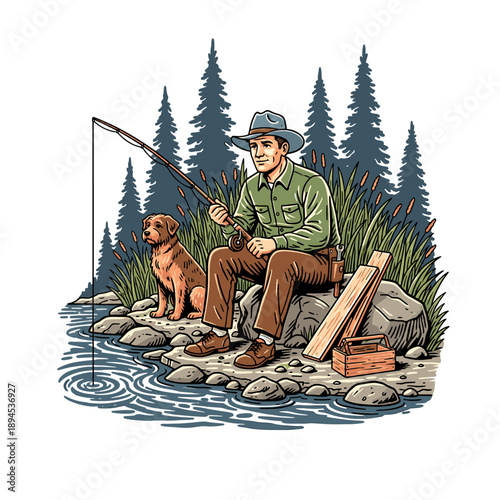Carpenter taking a break fishing with dog and wooden planks