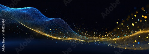 A dark background with flowing abstract forms of blue and yellow dots, creating a wave-like effect