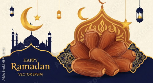 Celebrating Ramadan with dates and lanterns in a serene Islamic environment viewed from above