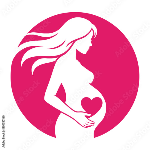 Pregnant woman with heart on belly in pink circle silhouette icon for pregnancy and love concepts