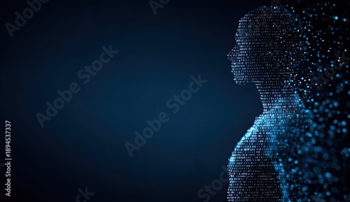 Digital human silhouette, constructed from binary code, dissolving on a dark blue background