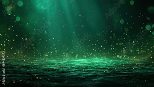 Abstract dark green underwater scene with light rays, particles, and ripples