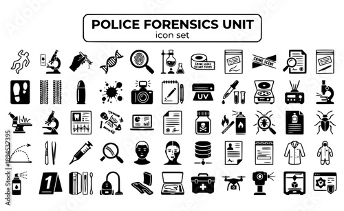 Police Forensics Unit Crime Scene Investigation CSI Evidence DNA Fingerprint Analysis Lab Science Testing Investigator Vector Icon Set - Forensic Investigation
