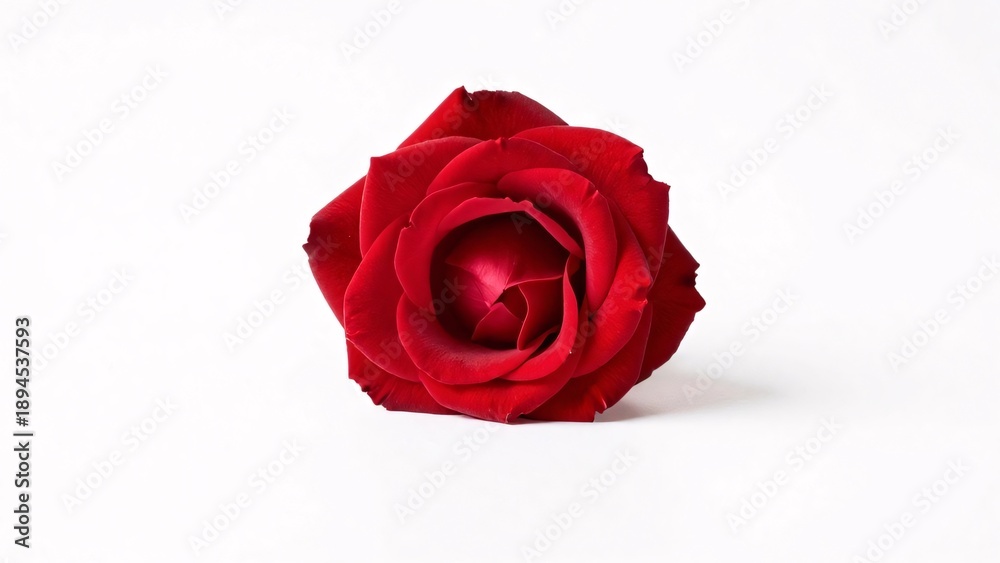 Fototapeta premium A vibrant red rose with a green stem lies on a pristine white background, evoking themes of love, romance, and classic elegance perfect for Valentine's Day designs.