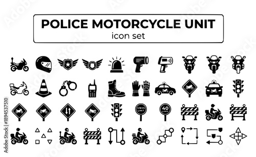 Police Motorcycle Unit Patrol Traffic Enforcement Officer Bike Motor Highway Patrol Cops Control Law Enforcement Vector Icon Set - Motor Unit