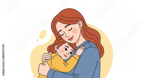 A mother gently hugging her smiling child, a tender moment captured in a heartwarming illustration