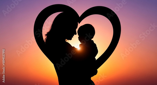 Silhouette of a mother holding her baby in a heart shape against a vibrant sunset background
