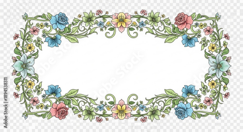 Floral frame with colorful blooms and lush greenery surrounding a blank space, illustration, overhead view