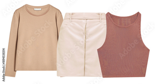 Φωτογραφία a minimalist fashion ensemble consisting of a long-sleeved beige t-shirt, a light cream faux leather mini skirt, and a dusty rose ribbed crop top, creating a chic and modern casual outfit