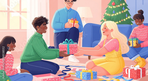 Family exchanging gifts on the living room floor during a Christmas celebration with a decorated tree nearby