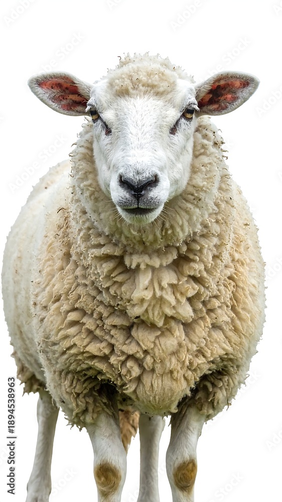 Fototapeta premium A white sheep with fluffy fur standing on a plain white background