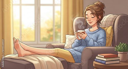 A woman relaxing on a couch, scrolling through her phone in a cozy living room with a warm atmosphere and a large window.