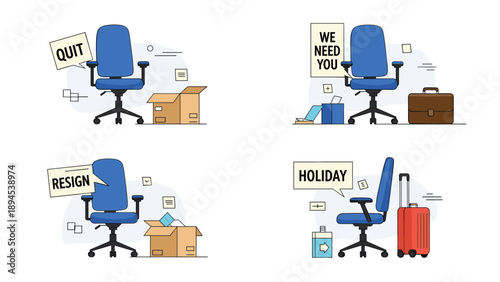 Set of office chairs and luggage representing various career situations like quitting, taking a holiday, or resigning from a job.