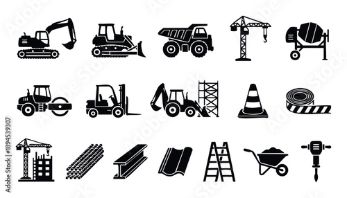 Detailed black silhouettes of various construction vehicles, heavy machinery, building materials, and essential site tools, perfect for industrial equipment catalogs, educational resources,