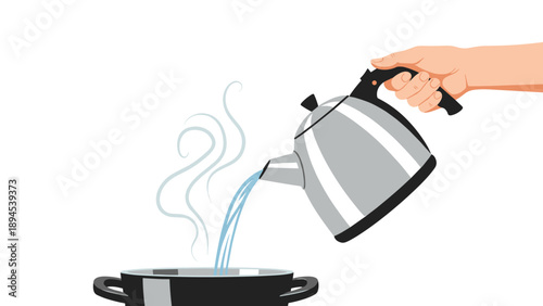 Close up of a human hand pouring hot water from a stainless steel kettle into a cooking pot with rising steam.
