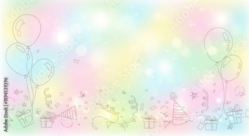 A vibrant illustration of party balloons, gifts, and festive decorations against a pastel rainbow background from a straightforward viewpoint