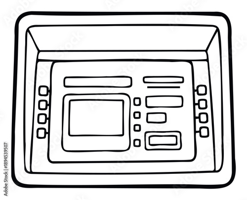 Simple line drawing of an automated teller machine for banking transactions and cash withdrawals, useful for finance, technology, and businessrelated educational resources and graphics