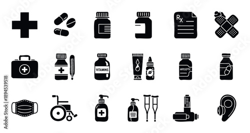 Professional set of medical and healthcare icons symbolizing essential medicine supplies, hospital services, and personal health equipment suitable for modern digital platforms and