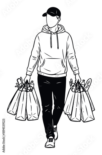 Faceless person walking with shopping bags full of groceries after a successful trip to the supermarket, suitable for retail promotions, delivery services, and consumer lifestyle content
