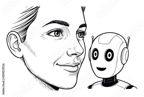 A black and white line drawing of a smiling womans face looking towards a friendly robot head, symbolizing humanAI connection, future technology, and partnership, useful for educational
