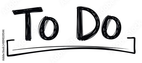 Hand drawn To Do list title with sketchy black lettering and an underline, ideal for task management presentations, personal productivity blogs, and motivational organizational materials.