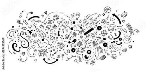 Dynamic hand drawn abstract shapes, arrows, and lines creating a visual flow of interconnected elements, perfect for depicting complex processes, ideas, or strategic thinking in modern