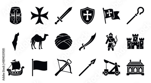 Crusades and Middle East medieval history icon collection depicting knights, weapons, castles, ships, and cultural elements for educational materials, historical documentaries, or game