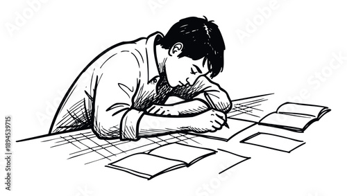 Young student focusing intently on his studies at a desk filled with books, diligently writing notes for academic or personal learning projects