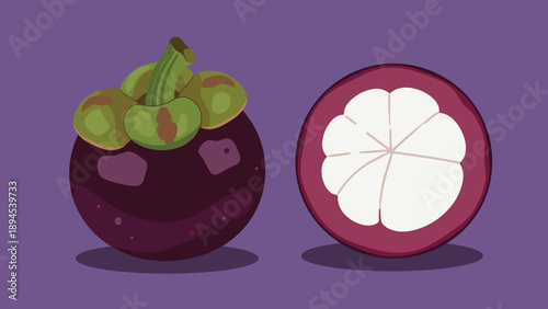 Illustration of a whole dark purple mangosteen fruit and a cross section showing the white segments inside against a purple background.