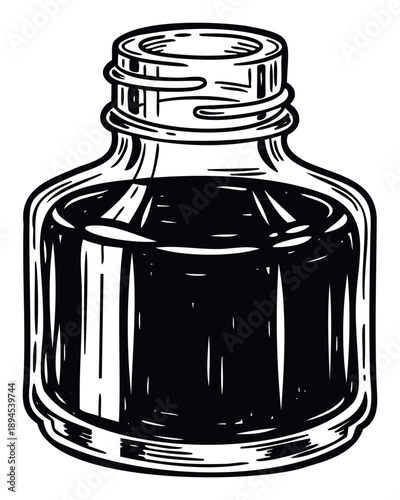 Traditional black ink bottle for fountain pen users and artists, suitable for historical themes, stationery collections, and educational content.