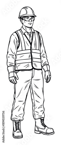 A committed worker wearing full protective safety gear including a hard hat, glasses, reflective vest, and durable boots, ideal for representing workplace safety and professional industrial