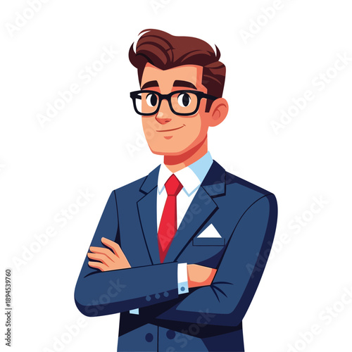 A cartoon illustration of a smiling businessman in a blue suit and red tie standing confidently with arms crossed