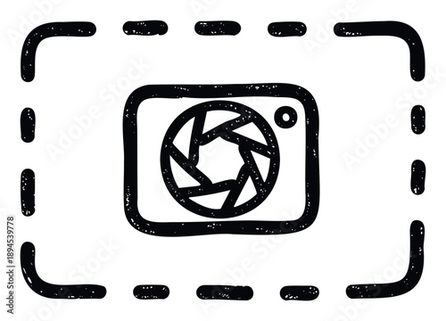 Hand drawn style camera icon showing an aperture lens within a dashed viewing frame, ideal for use as a digital media application button, website graphic, or user interface element.
