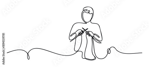Continuous line drawing of a person knitting, showcasing a handmade hobby and creative craft, ideal for wellness content, DIY blogs, and textile project promotions.