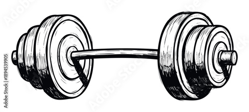 Dynamic hand drawn barbell sketch representing strength and fitness for powerful workout advertisements, gym branding materials, and athletic training program visuals.