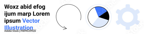 Data processing, analytics, workflow management, efficiency, automation, system optimization. Circular arrow, pie chart and gear symbol visualizing concepts. Data analytics and workflow management