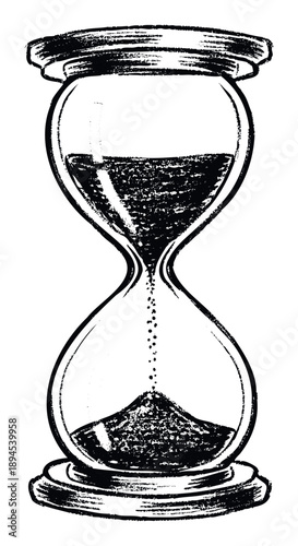 Grungy hourglass illustration with sand flowing to measure time, perfect for concepts of deadlines, history, or process duration in various graphic projects and publications.